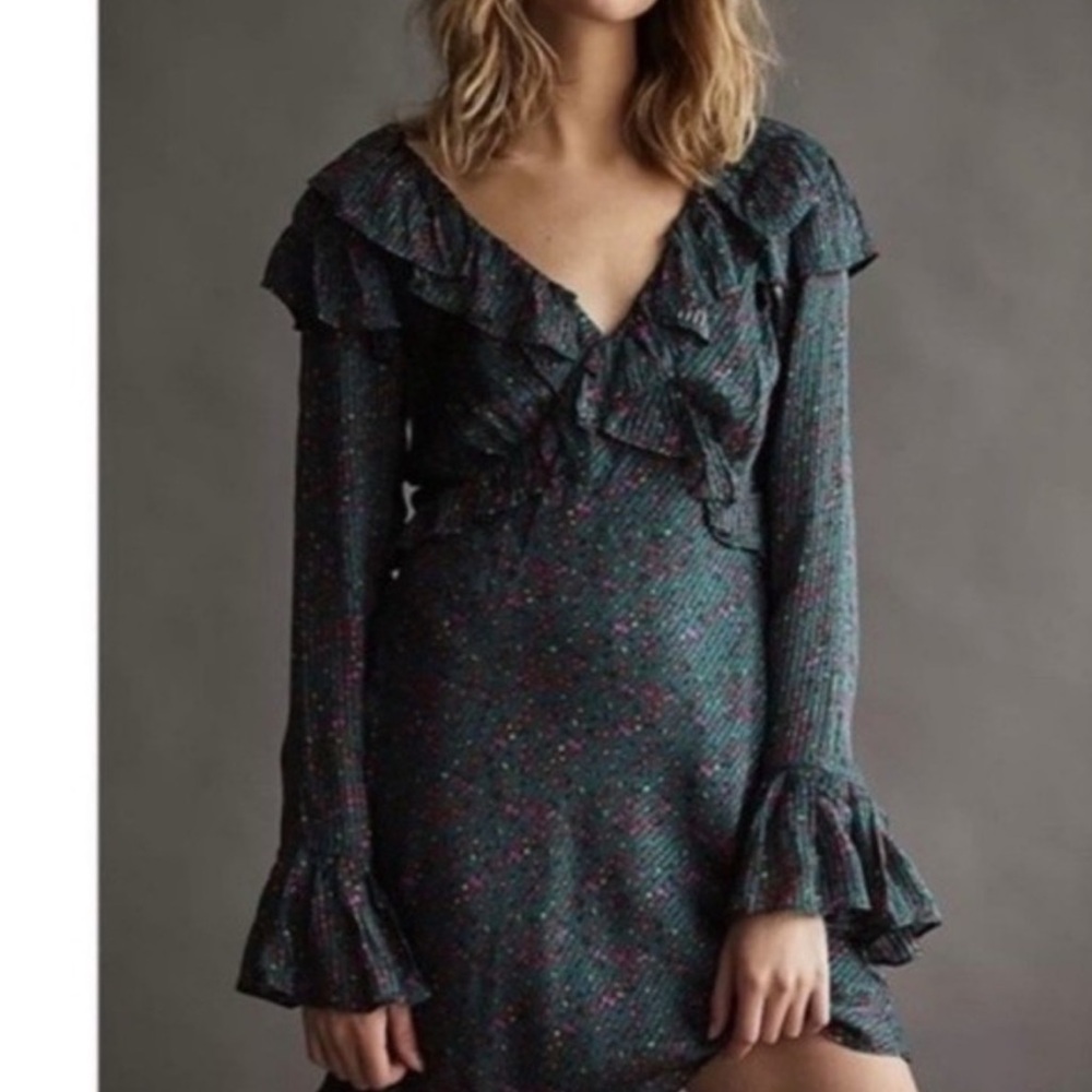 NEW FREE PEOPLE SWEETEST THING RUFFLE GREEN FLORAL MINI DRESS . SIZE 2